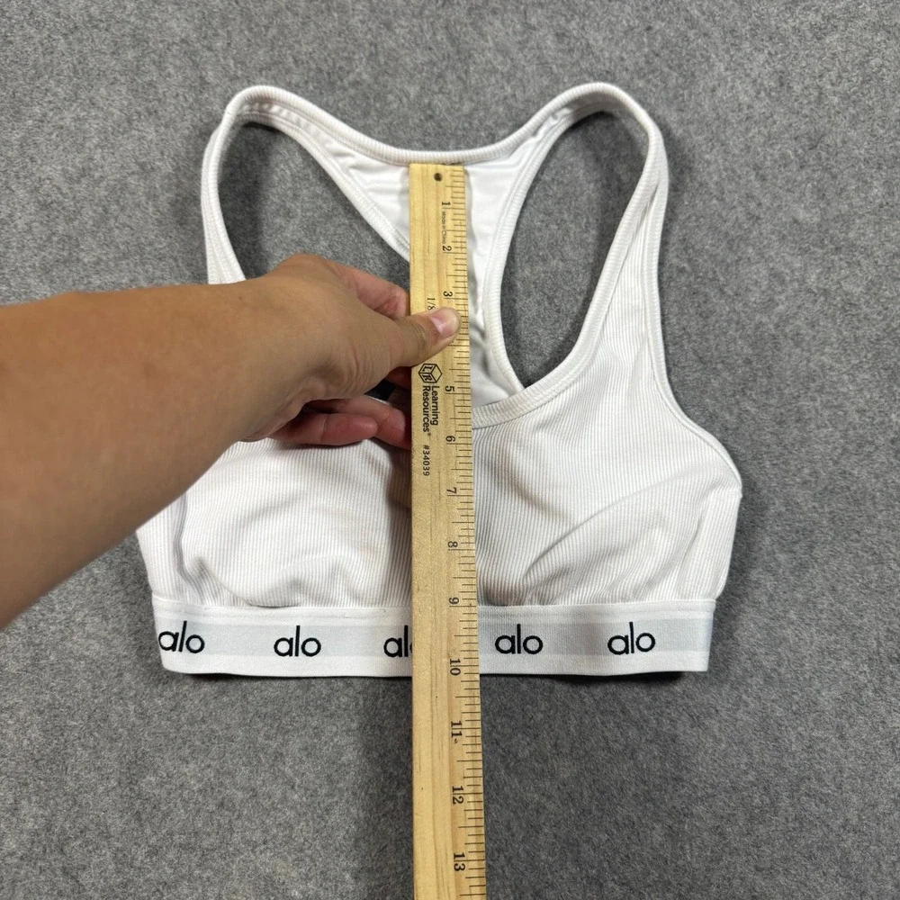 Alo Yoga Sports Bra Womens S White Wellness Henley Ribbed Racerback Logo Band